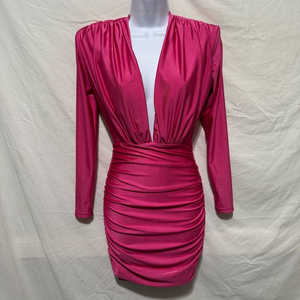 RUNAWAY Hot Ink Long Sleeve Deep V Ruched Mini Dress Size XS